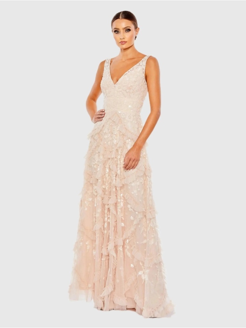 Mac Duggal 9162 Pink Sequined Scallop Ruffle Tiered V-Neck Gown Size 14 NWT